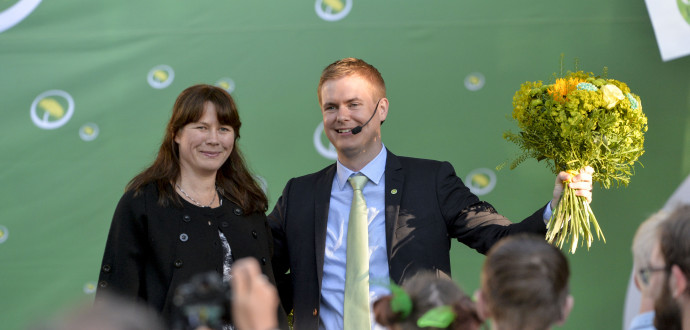 Miljöpartiets språkrör Gustav Fridolin och Åsa Romson i Almedalen där även Greenwashpriset kommer att delas ut i år. Foto: Marcus Ericsson/TT.