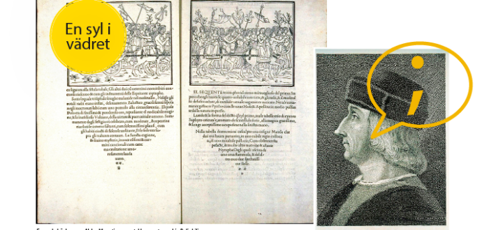 En av de böcker som Aldus Manutius gav ut: Hypnerotomachia Poliphili och Aldus Manutius som införde semikolonet 1494.