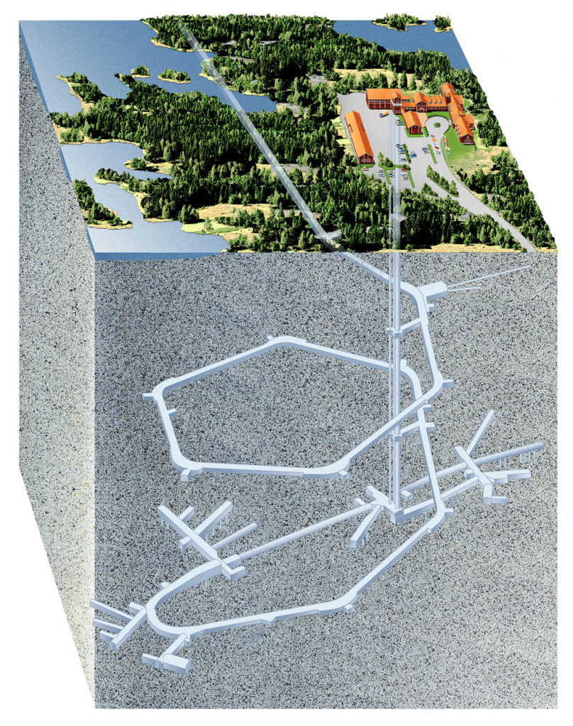 Illustration av Äspölaboratoriet utanför Oskarshamn där en stor del av forskningen inför slutförvaret sker. Enligt SKB liknar Äspötunneln till stor del det planerade slutförvaret. Grafik: J. Rojmar.