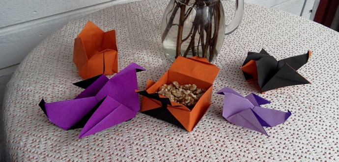 Hönor, en tulpan och en liten ask med nötter i origami. Foto: Malin Bergendal